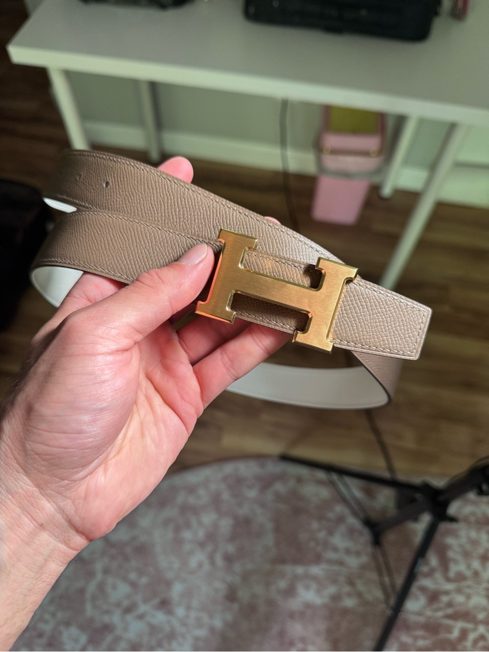 Hermes Taupe Leather/white Belt with Gold H Buckle. 85mm
